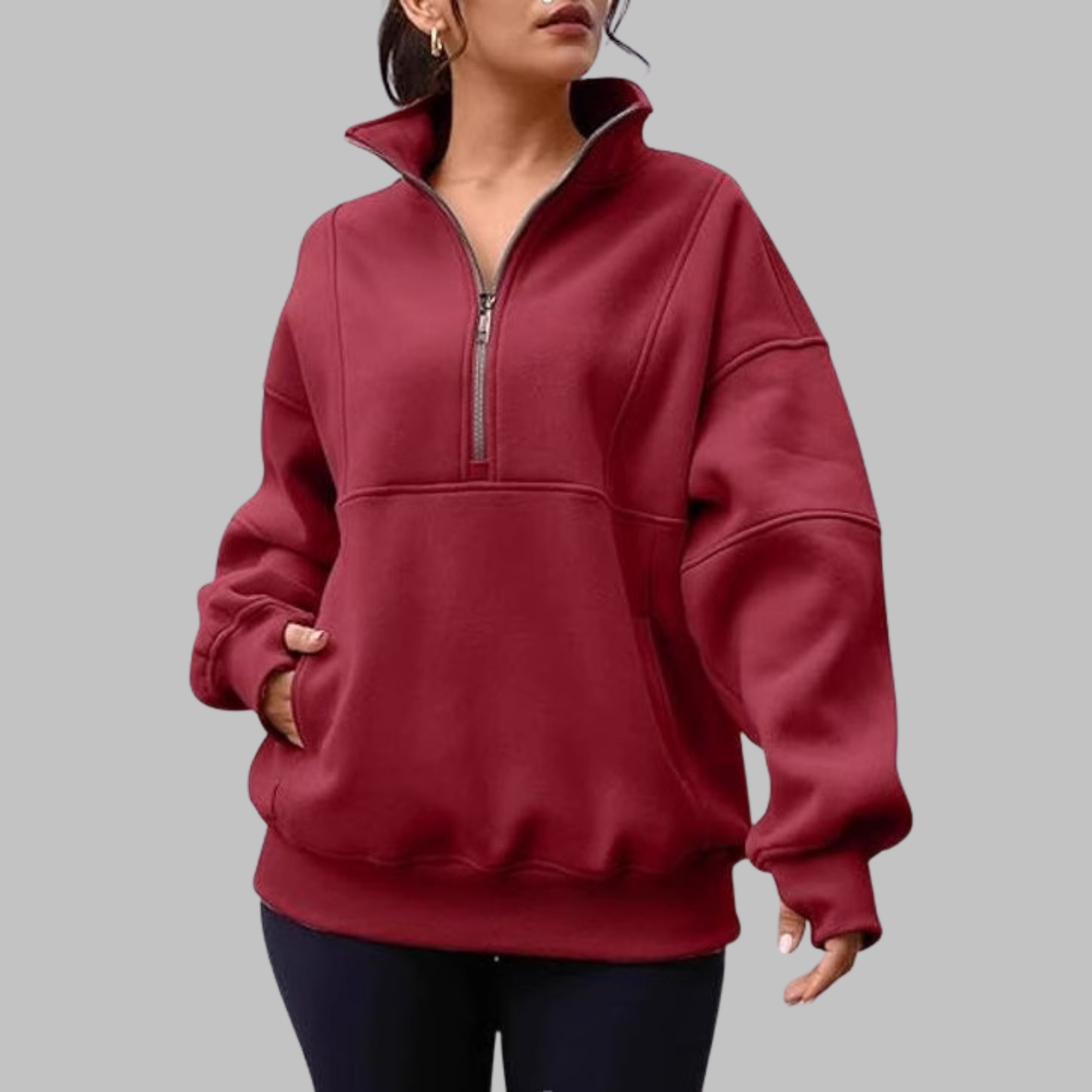 PSALM - Comfy Collar Half Zip Oversized Long Sleeve Sweatshirt