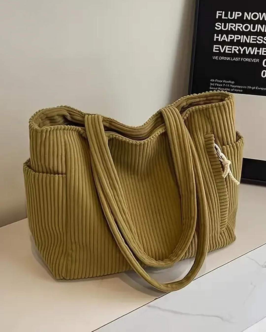 SOCIANI – Trending Ribbed Tote Bag with Drawstring Detail