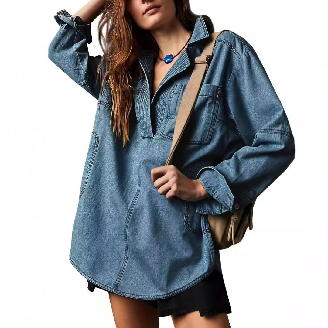 NISHA - Chic V-Neck Loose Fit Long-sleeve Top