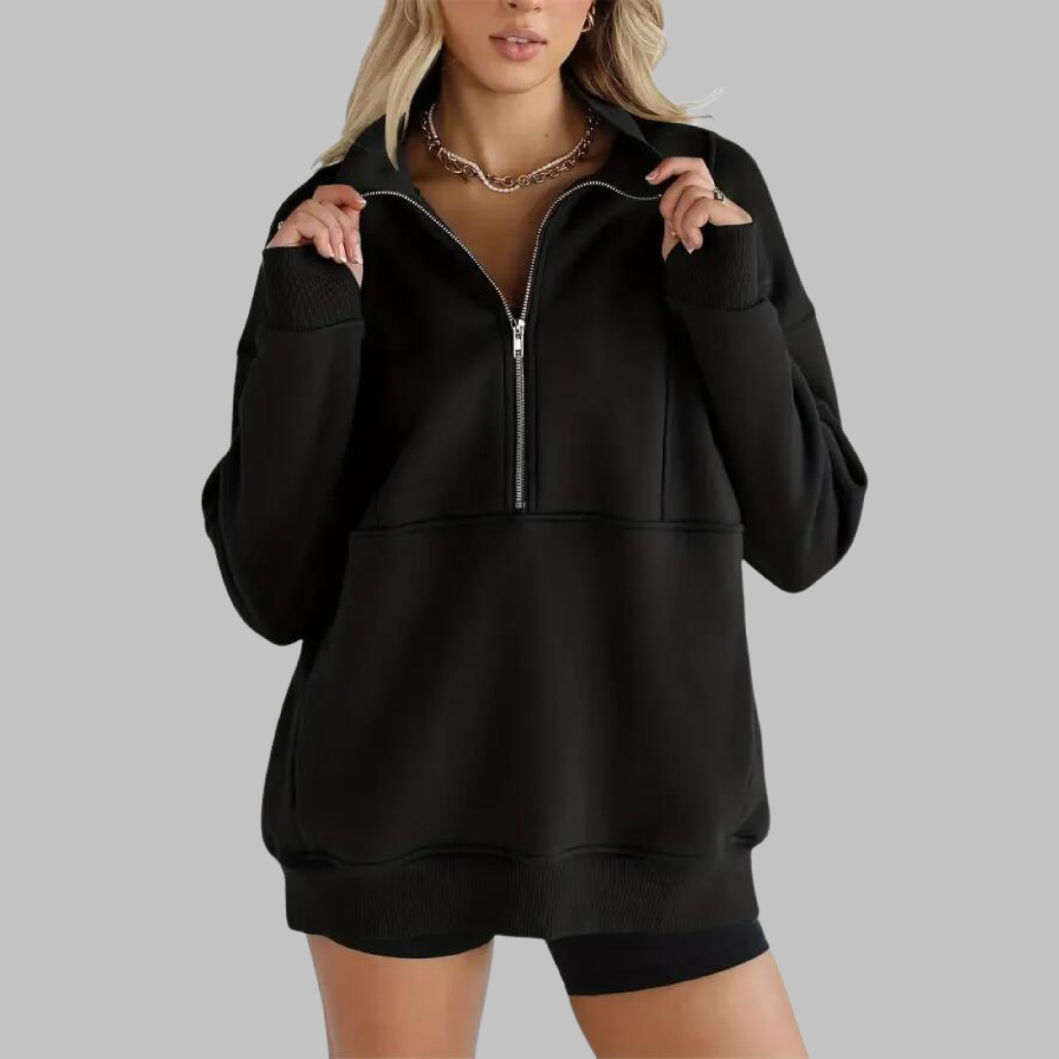 PSALM - Comfy Collar Half Zip Oversized Long Sleeve Sweatshirt