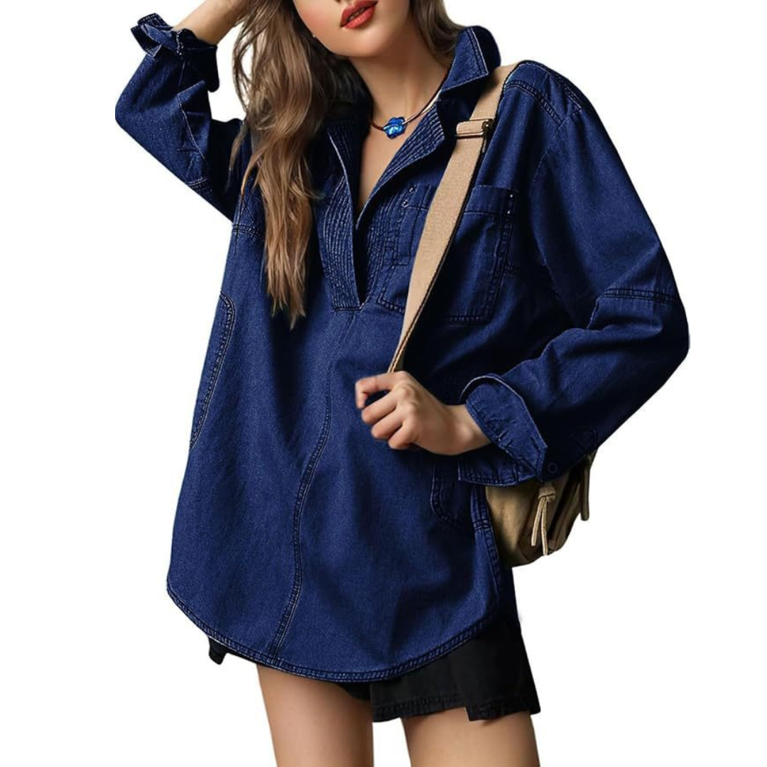 NISHA - Chic V-Neck Loose Fit Long-sleeve Top