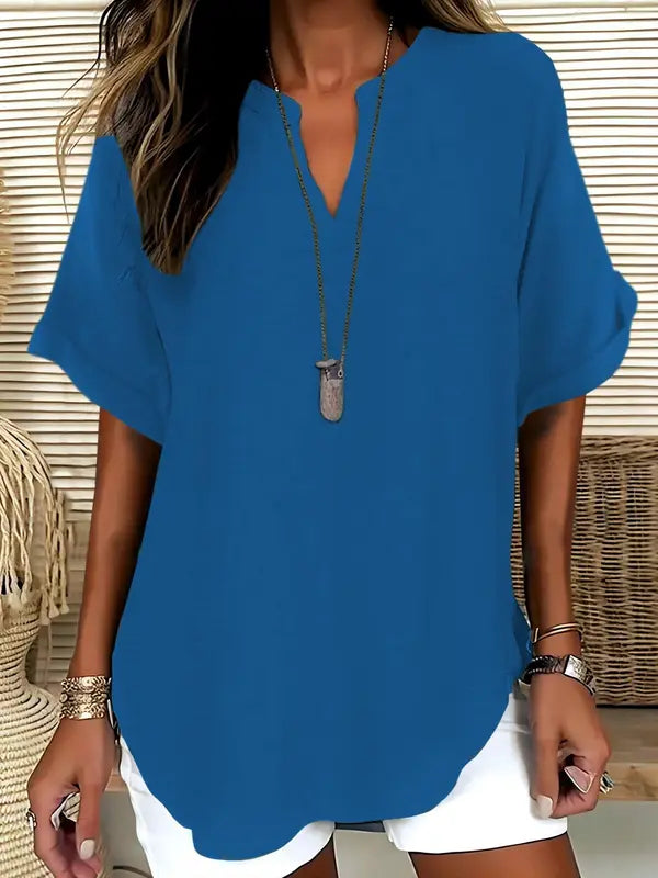 SEREIA - Casual Plain Short Sleeve Blouse
