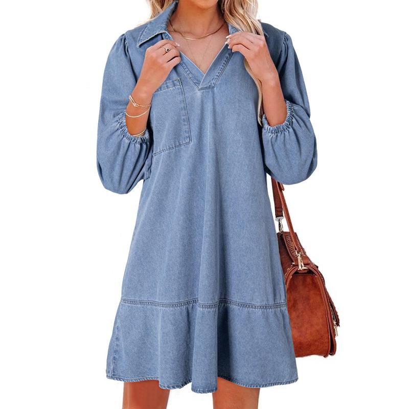 GEMMA – Classic Soft Washed Denim Puff Sleeve Dress
