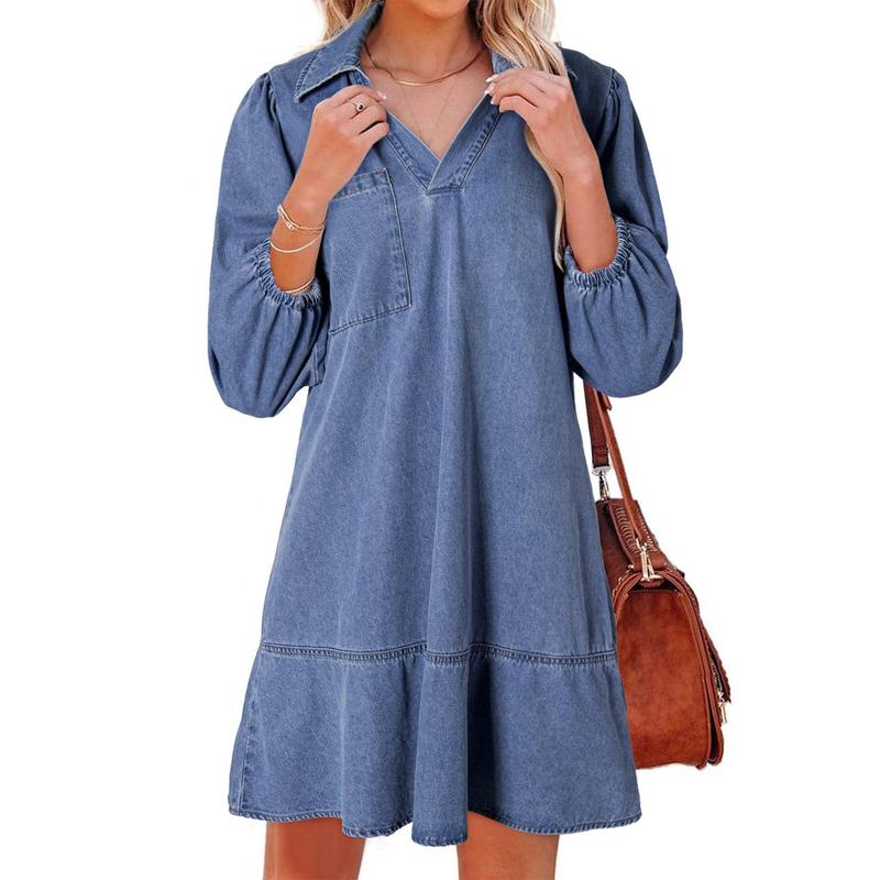 GEMMA – Classic Soft Washed Denim Puff Sleeve Dress