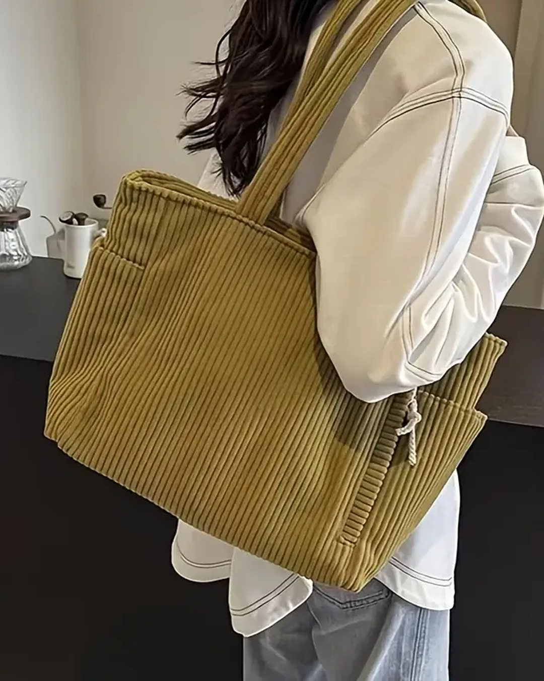 SOCIANI – Trending Ribbed Tote Bag with Drawstring Detail