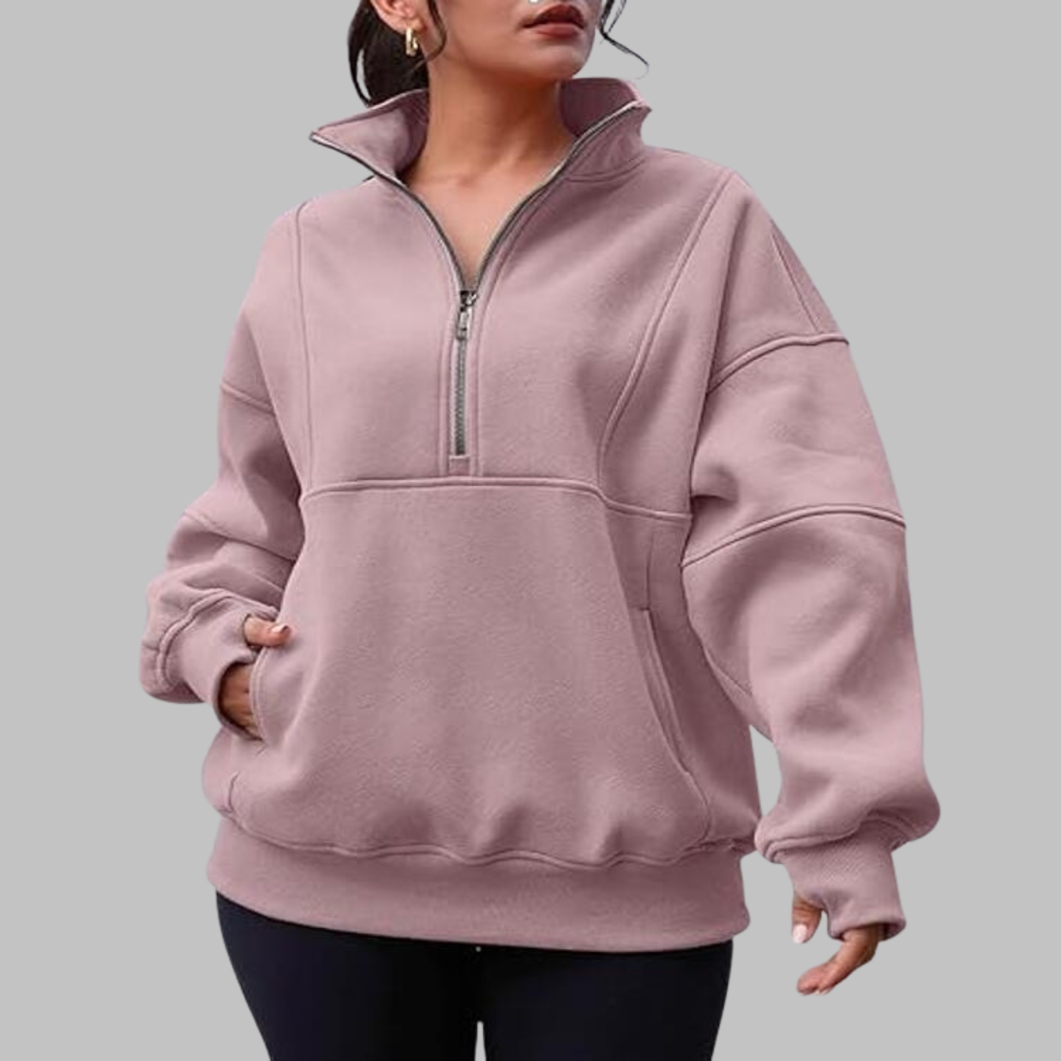 PSALM - Comfy Collar Half Zip Oversized Long Sleeve Sweatshirt