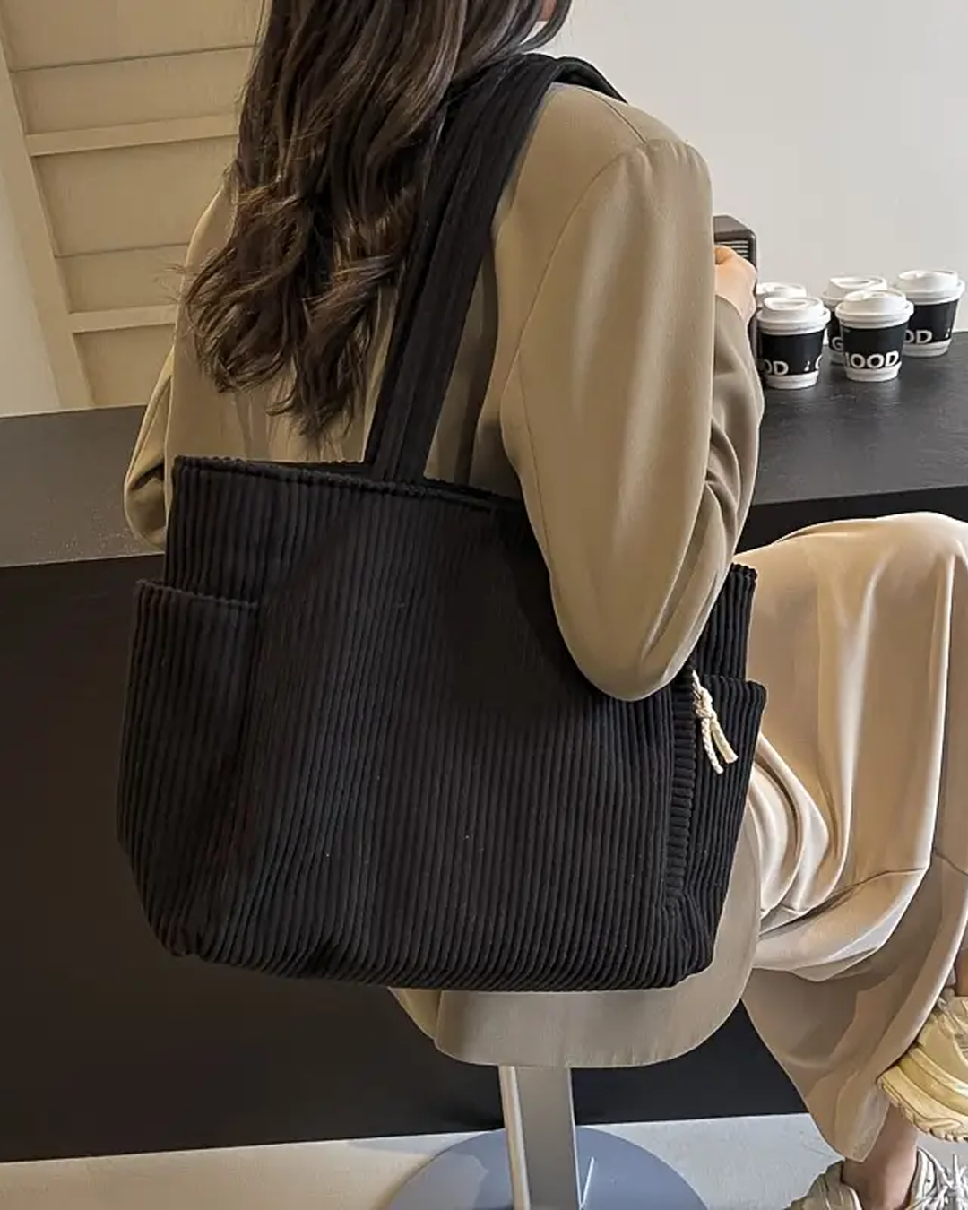 SOCIANI – Trending Ribbed Tote Bag with Drawstring Detail