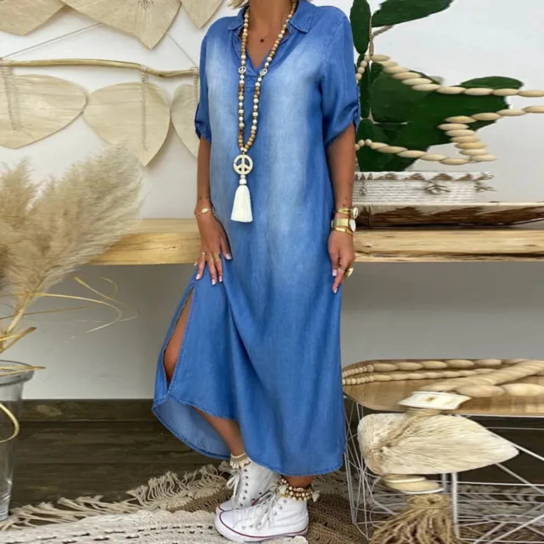 Ilse | Summer V Neck Half Denim Dress
