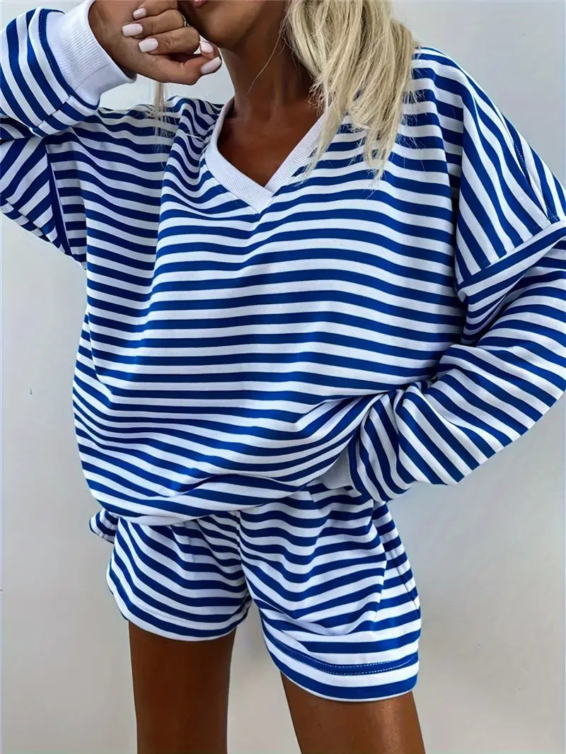 NOLANI – Relaxed Fit Striped V-Neck Lounge Set
