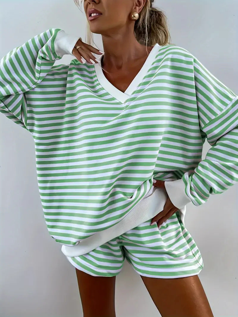 NOLANI – Relaxed Fit Striped V-Neck Lounge Set