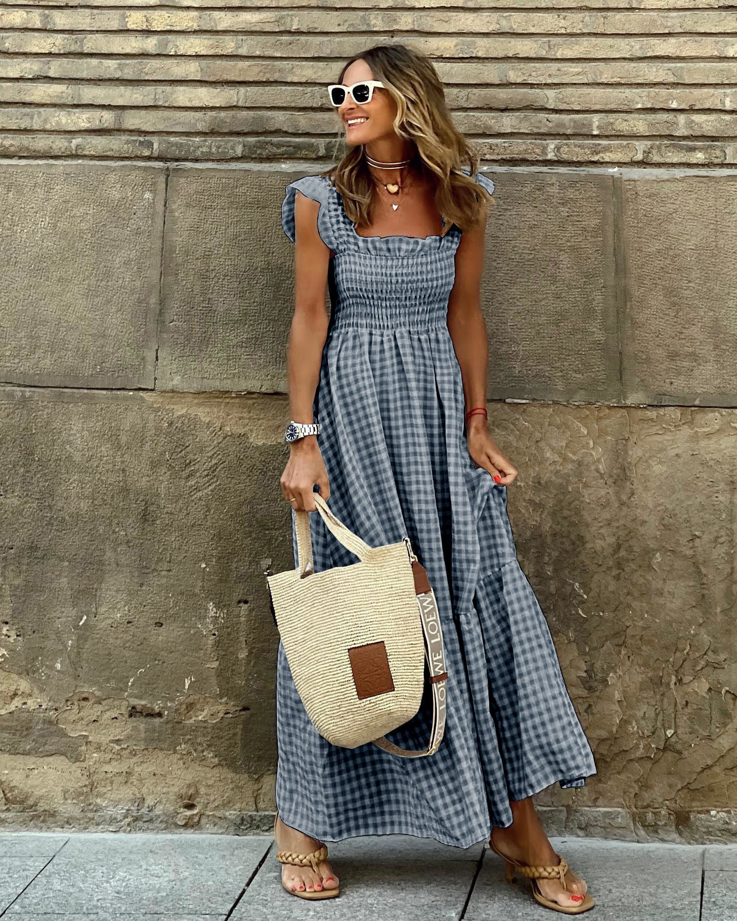 NANCY - Chic Retro Plaid Smocked Dress