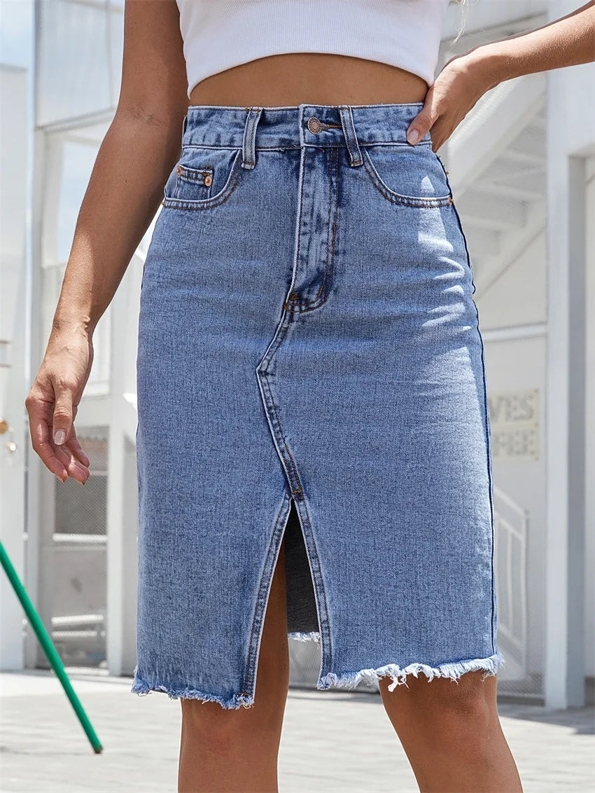 GISELE – Casual Slit Midi Denim Skirt