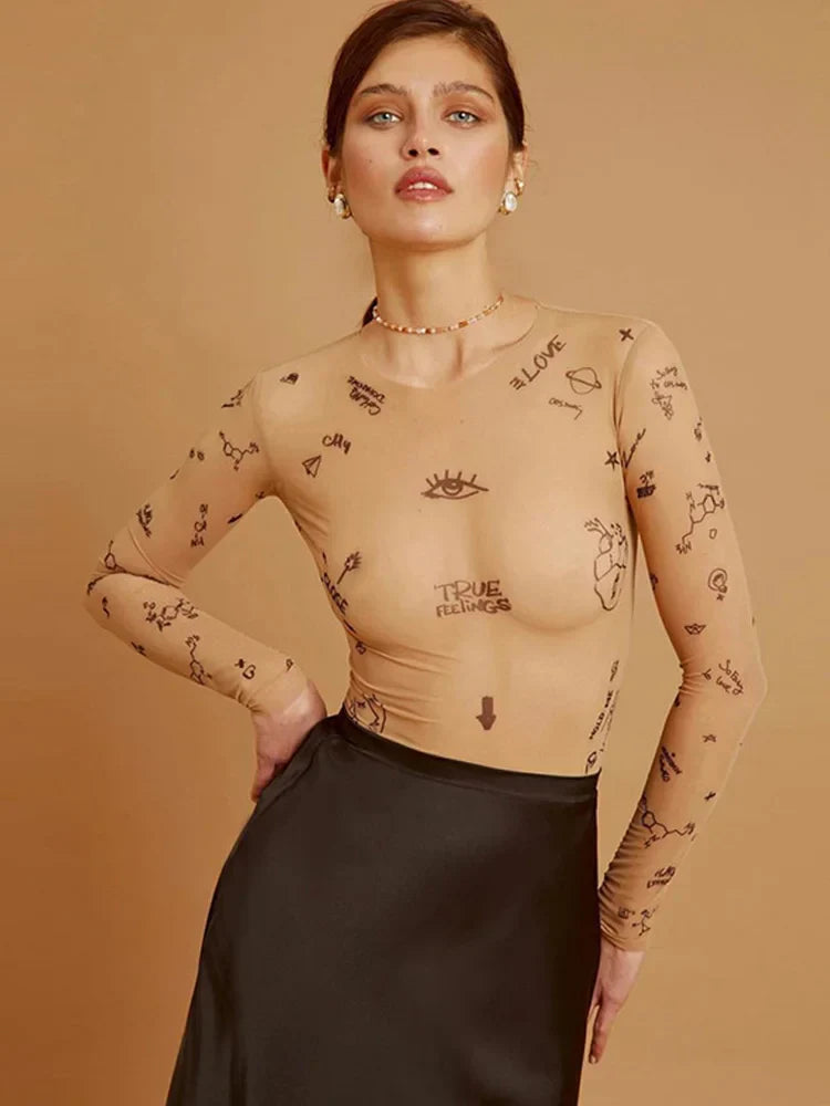 JANELLA – Modern Print Mesh Bodysuit