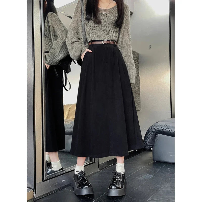 ESTELLE – Classic Belt Corduroy Midi Skirt