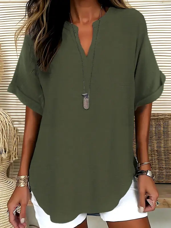 SEREIA - Casual Plain Short Sleeve Blouse