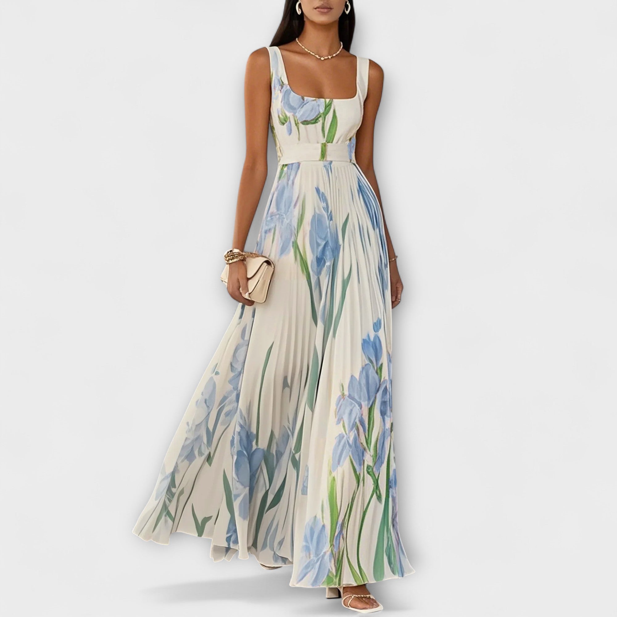 SHARITO – Classic Elegant Square Neck Pleated Maxi Dress