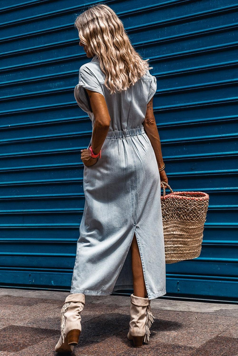 Isabelle - Denim Dress with Elegant Short Batwing Sleeves