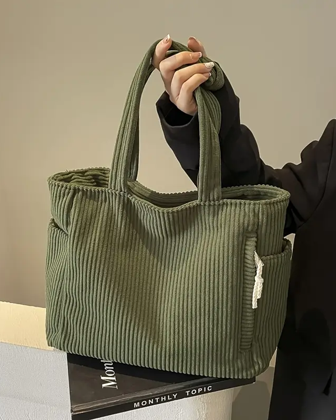 SOCIANI – Trending Ribbed Tote Bag with Drawstring Detail
