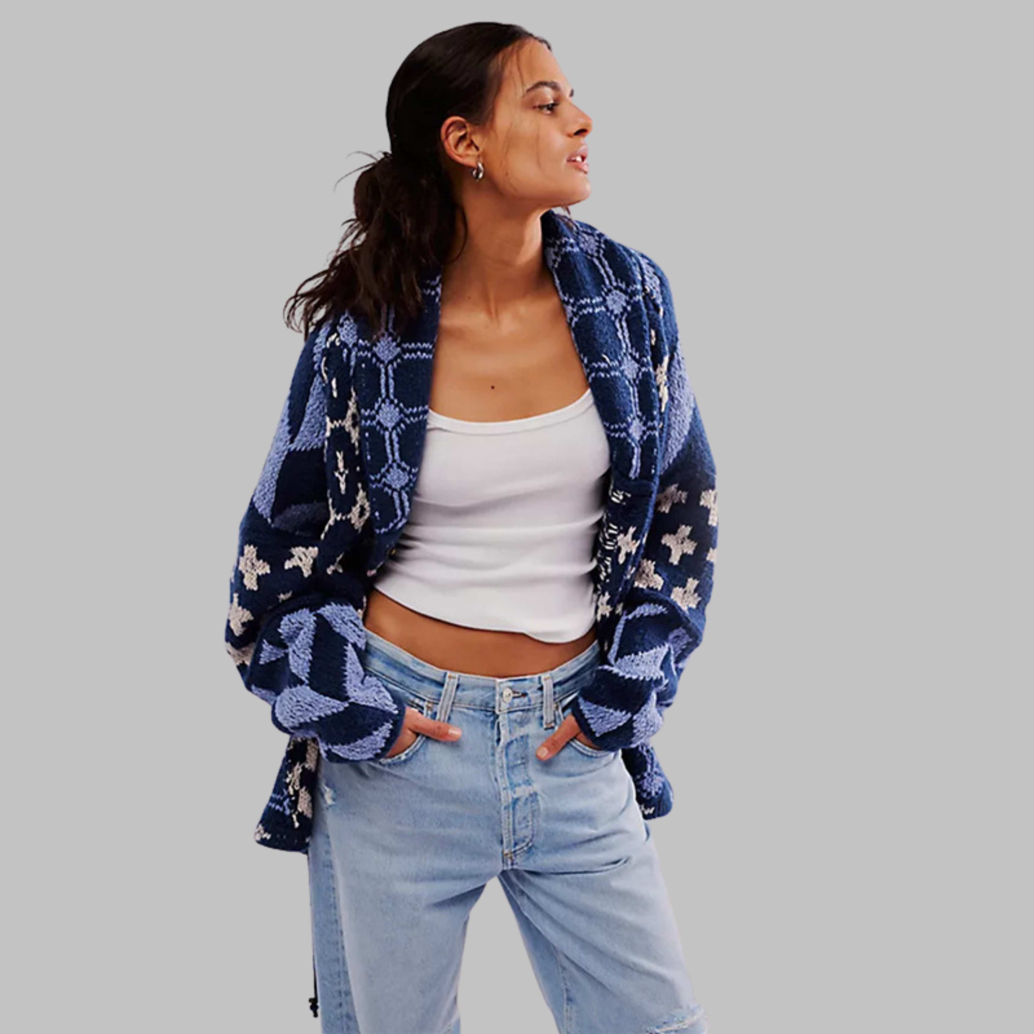 PORTIA - Vintage Button Down Collar Long Sleeve Oversized Cardigan