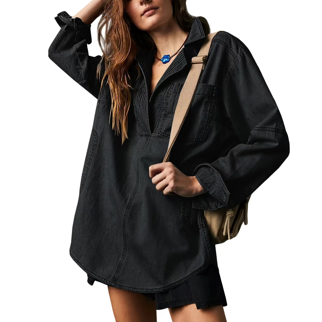 NISHA - Chic V-Neck Loose Fit Long-sleeve Top