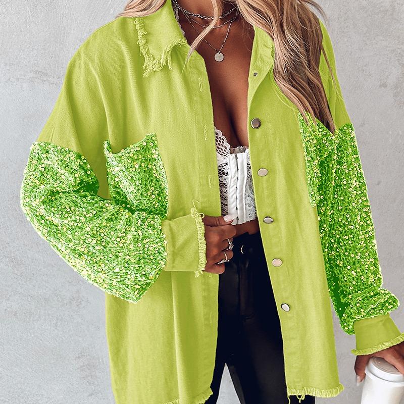 NENITA - Chic Oversized Sequin Hem Collared Button Down Jacket