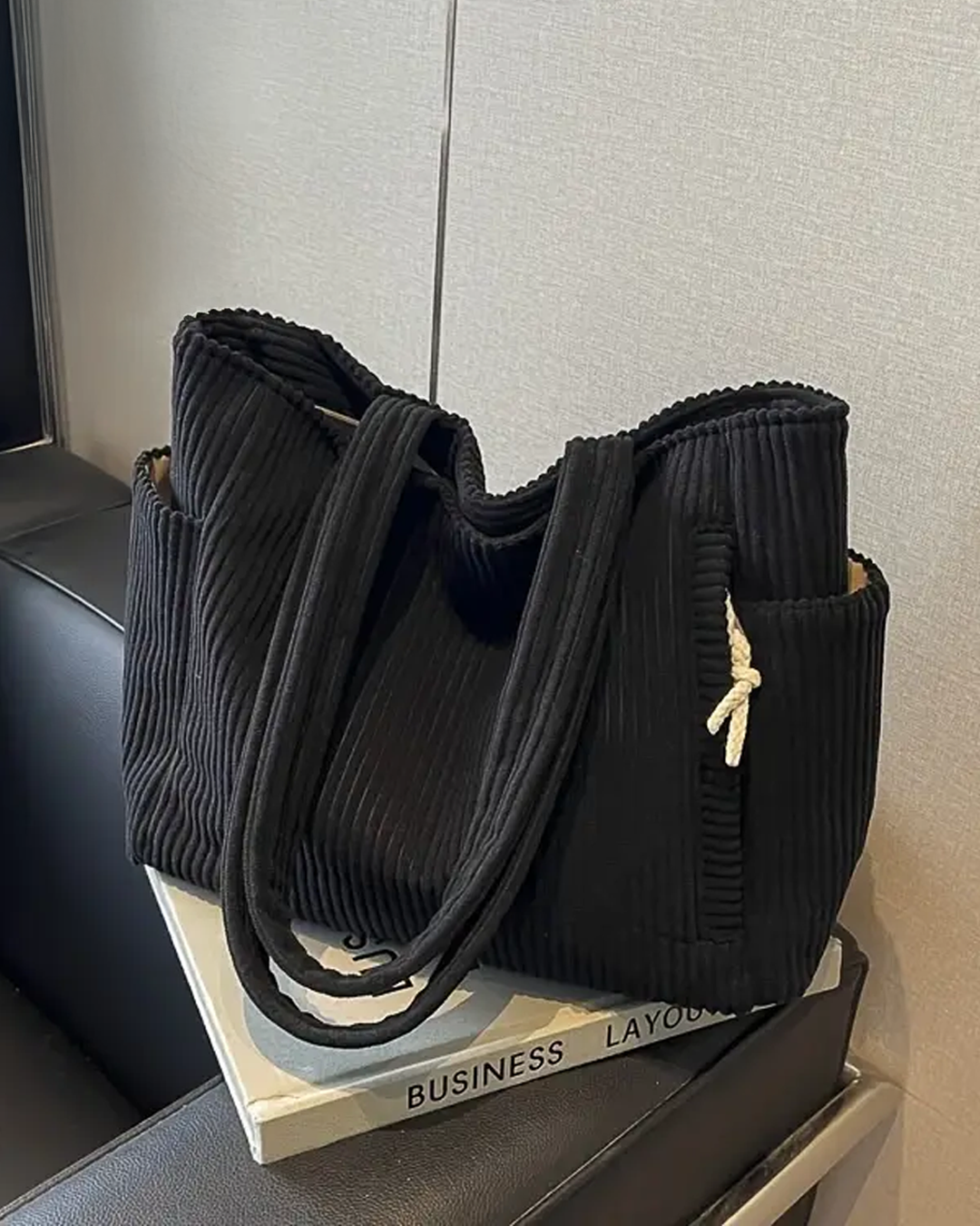 SOCIANI – Trending Ribbed Tote Bag with Drawstring Detail