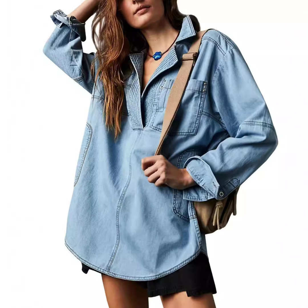 NISHA - Chic V-Neck Loose Fit Long-sleeve Top