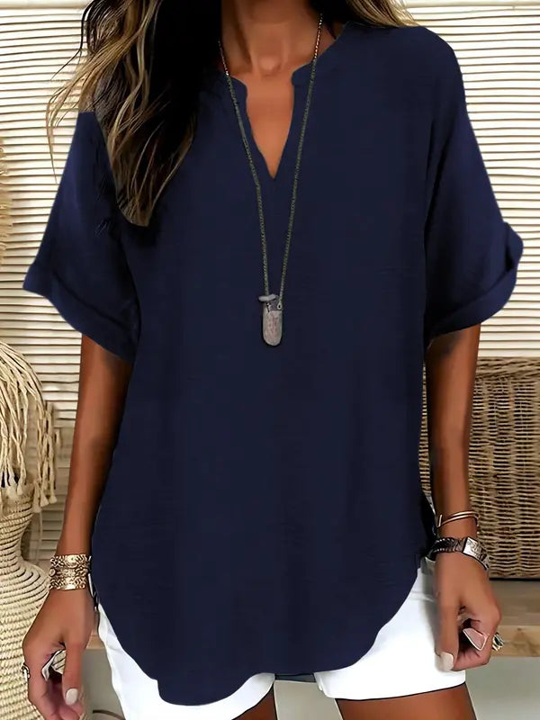 SEREIA - Casual Plain Short Sleeve Blouse