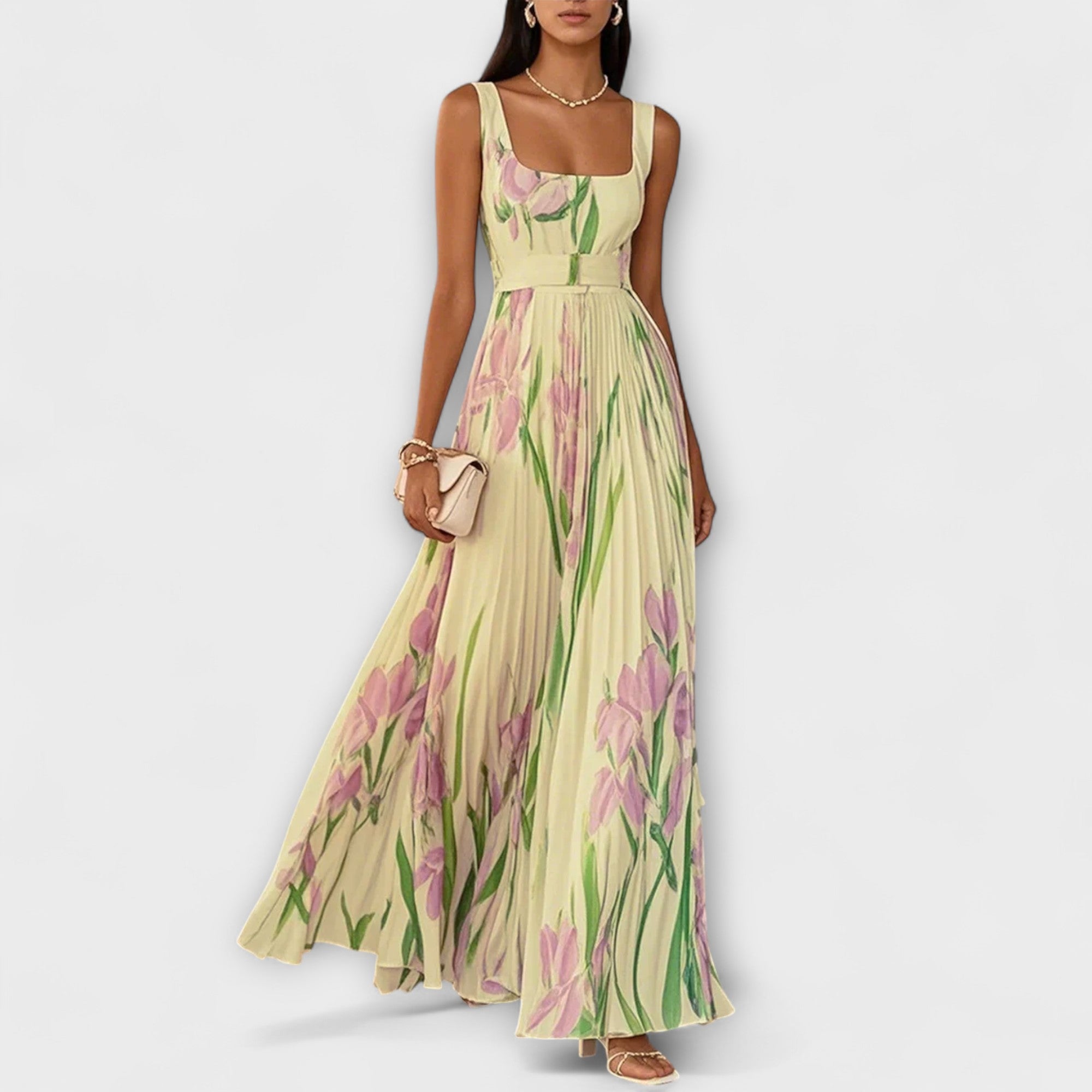 SHARITO – Classic Elegant Square Neck Pleated Maxi Dress