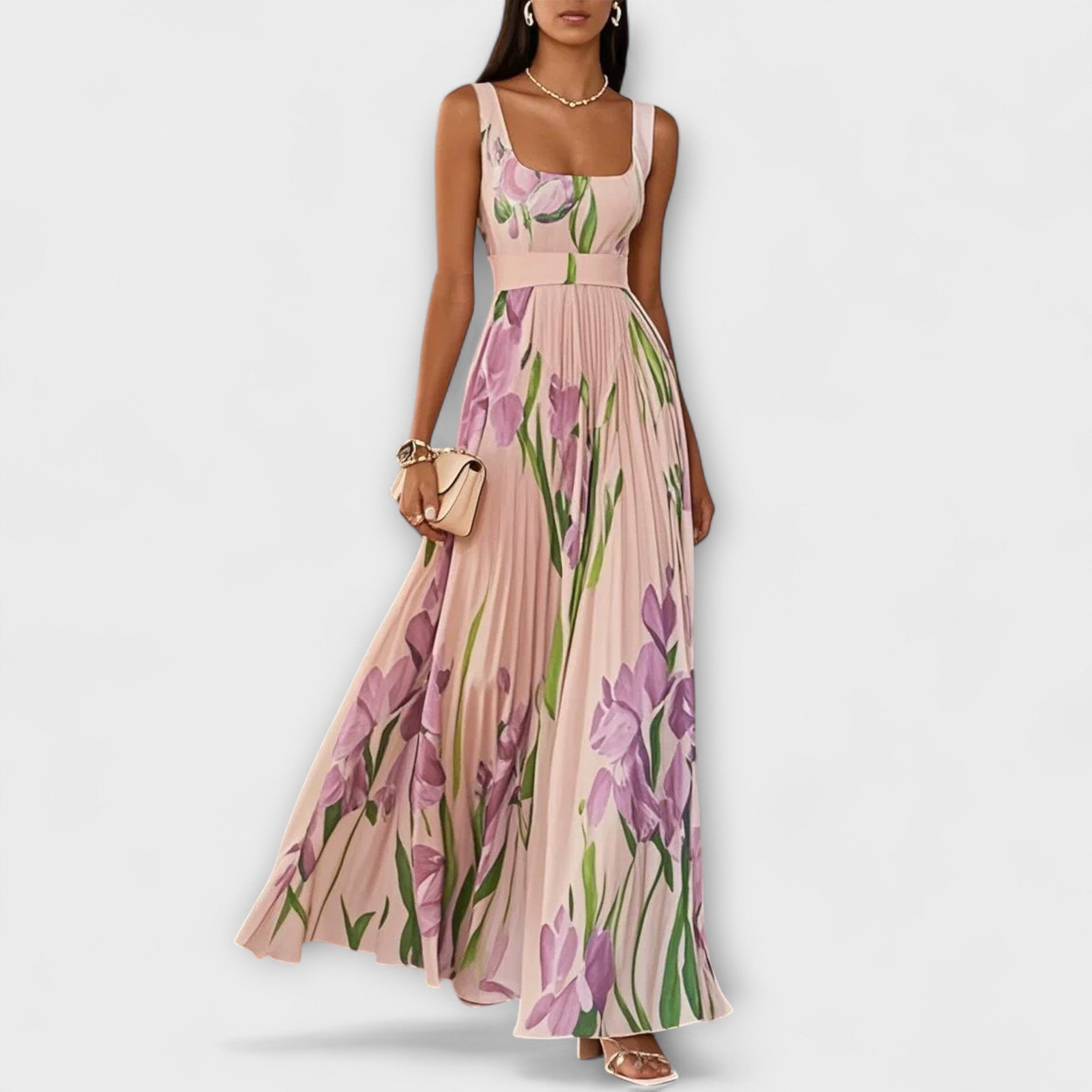 SHARITO – Classic Elegant Square Neck Pleated Maxi Dress
