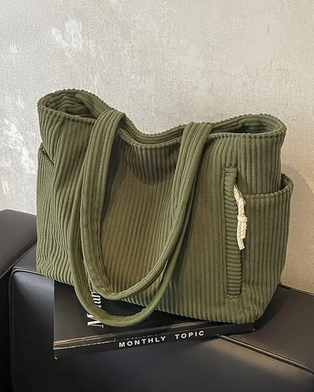 SOCIANI – Trending Ribbed Tote Bag with Drawstring Detail