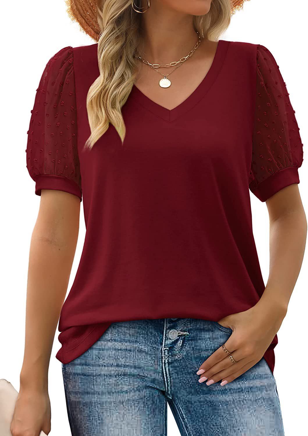 RHINA - Sheer Sleeve V-Neck Top