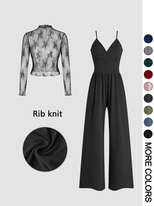 SHAE™ - Women's Solid Color Lace Tee & Pocket Jumpsuit Set