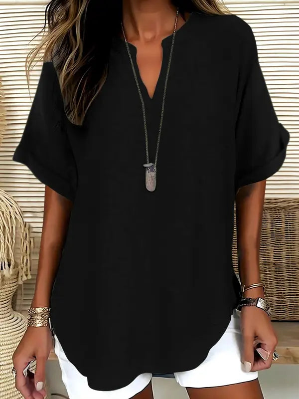 SEREIA - Casual Plain Short Sleeve Blouse