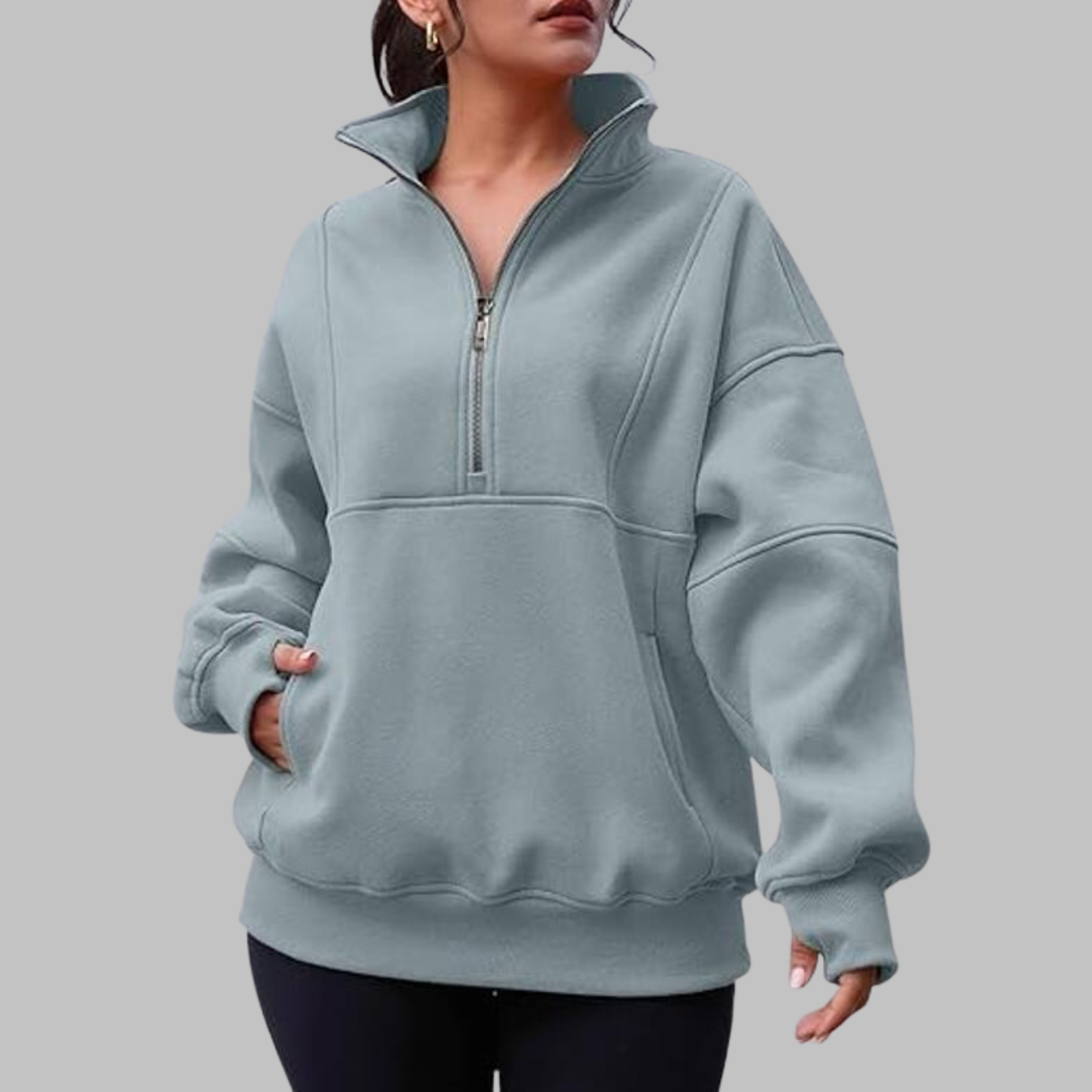 PSALM - Comfy Collar Half Zip Oversized Long Sleeve Sweatshirt