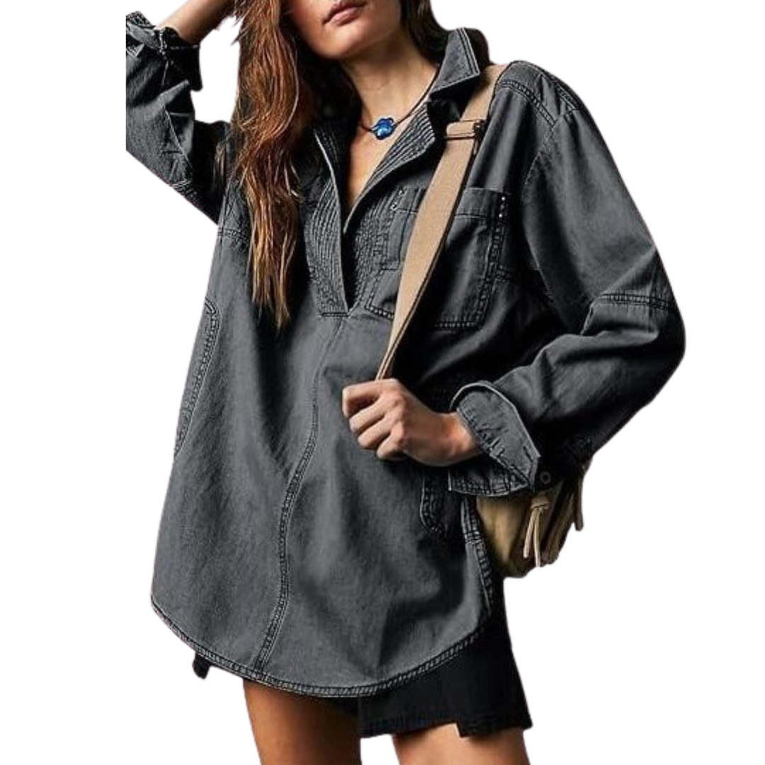 NISHA - Chic V-Neck Loose Fit Long-sleeve Top