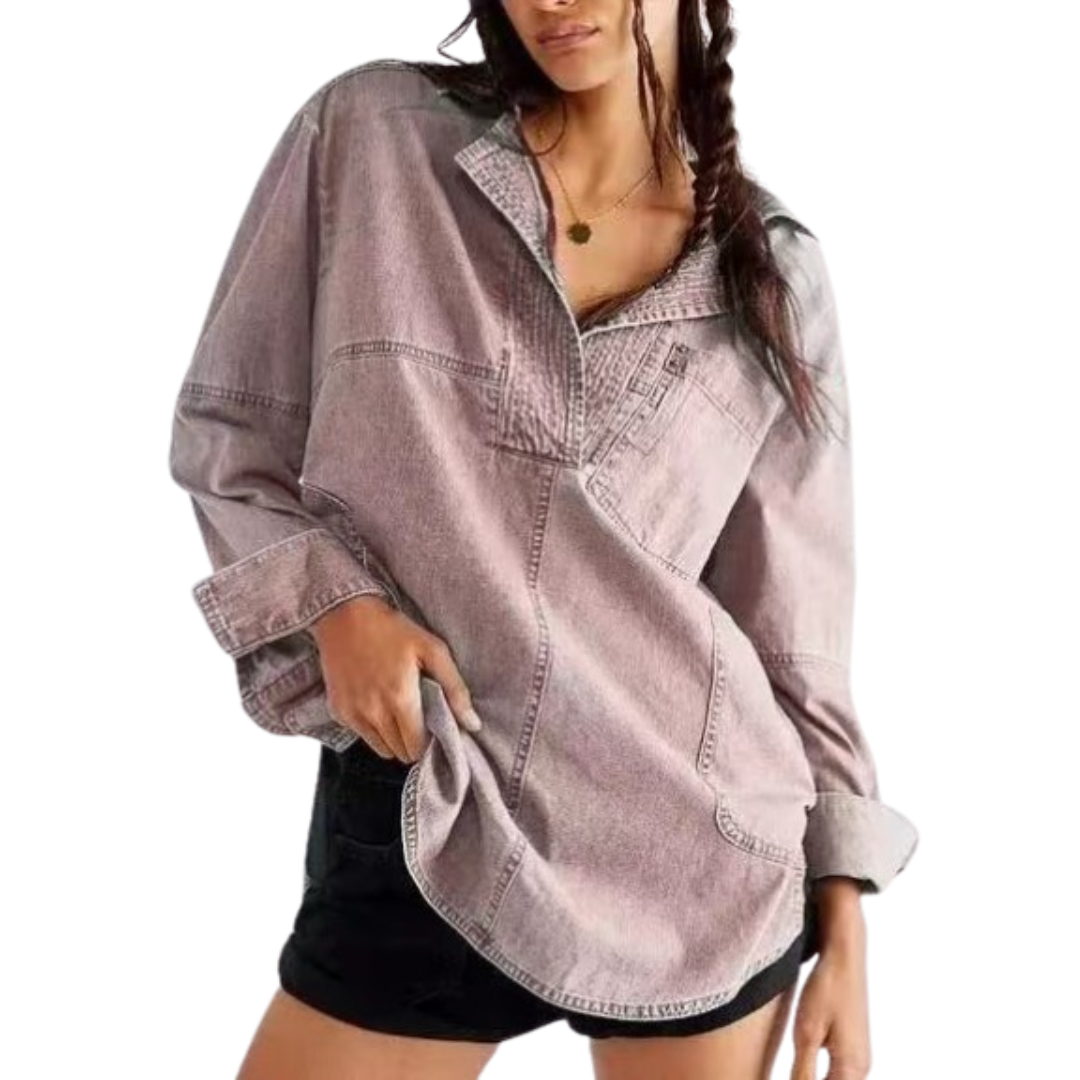 NISHA - Chic V-Neck Loose Fit Long-sleeve Top