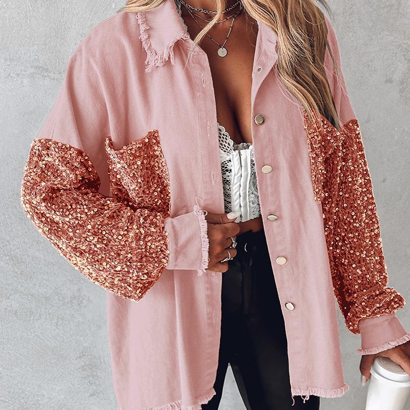 NENITA - Chic Oversized Sequin Hem Collared Button Down Jacket