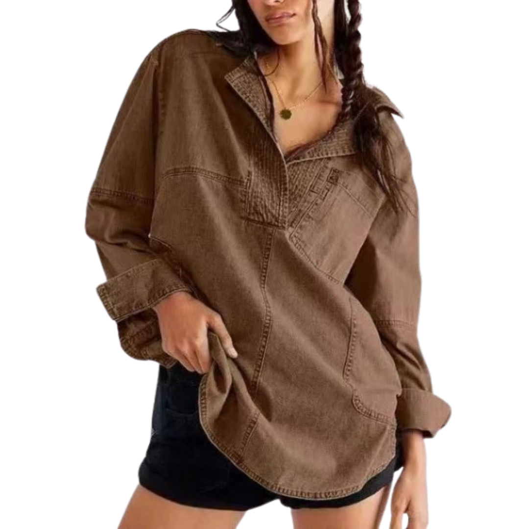 NISHA - Chic V-Neck Loose Fit Long-sleeve Top