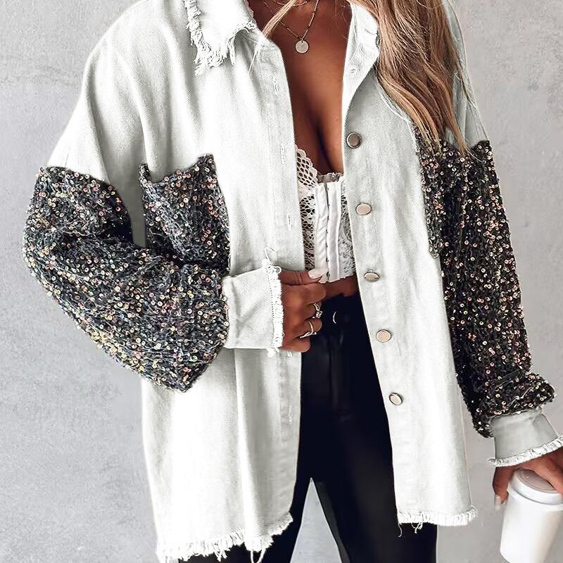 NENITA - Chic Oversized Sequin Hem Collared Button Down Jacket