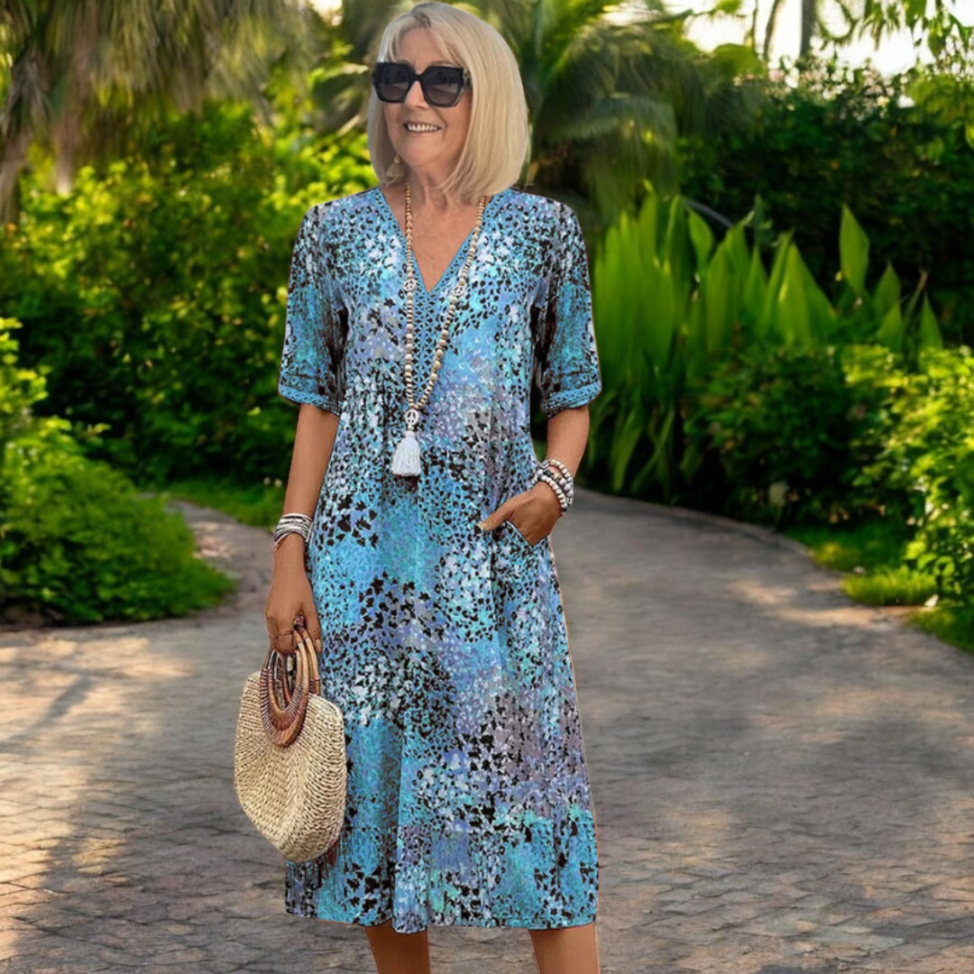 ASHLEY – Printed V-Neck Midi Dress