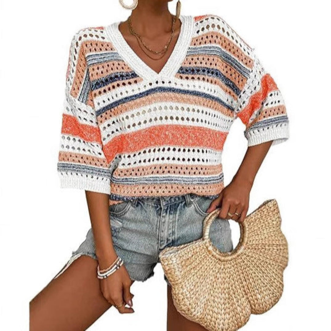 KELISE – Casual Striped Crochet V-Neck Summer Top