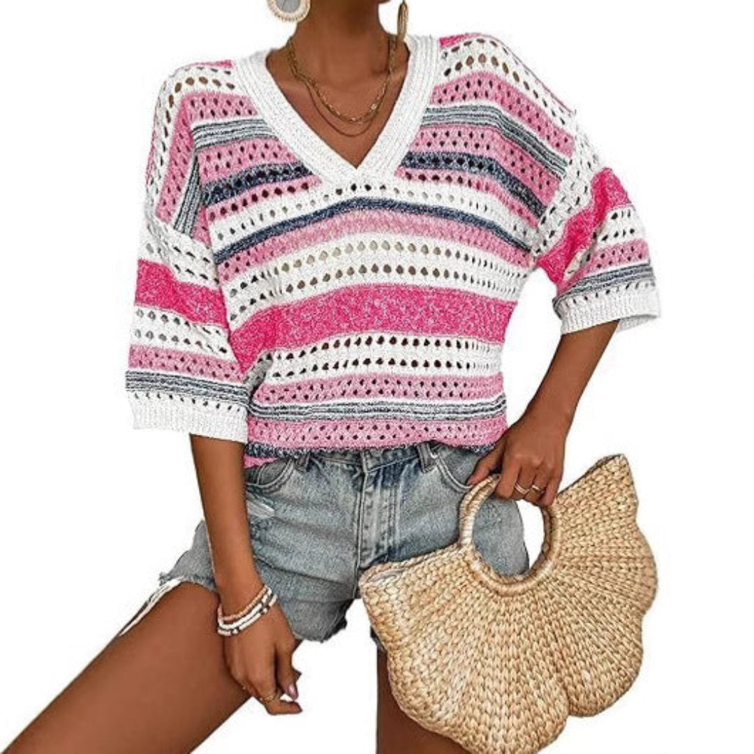 KELISE – Casual Striped Crochet V-Neck Summer Top