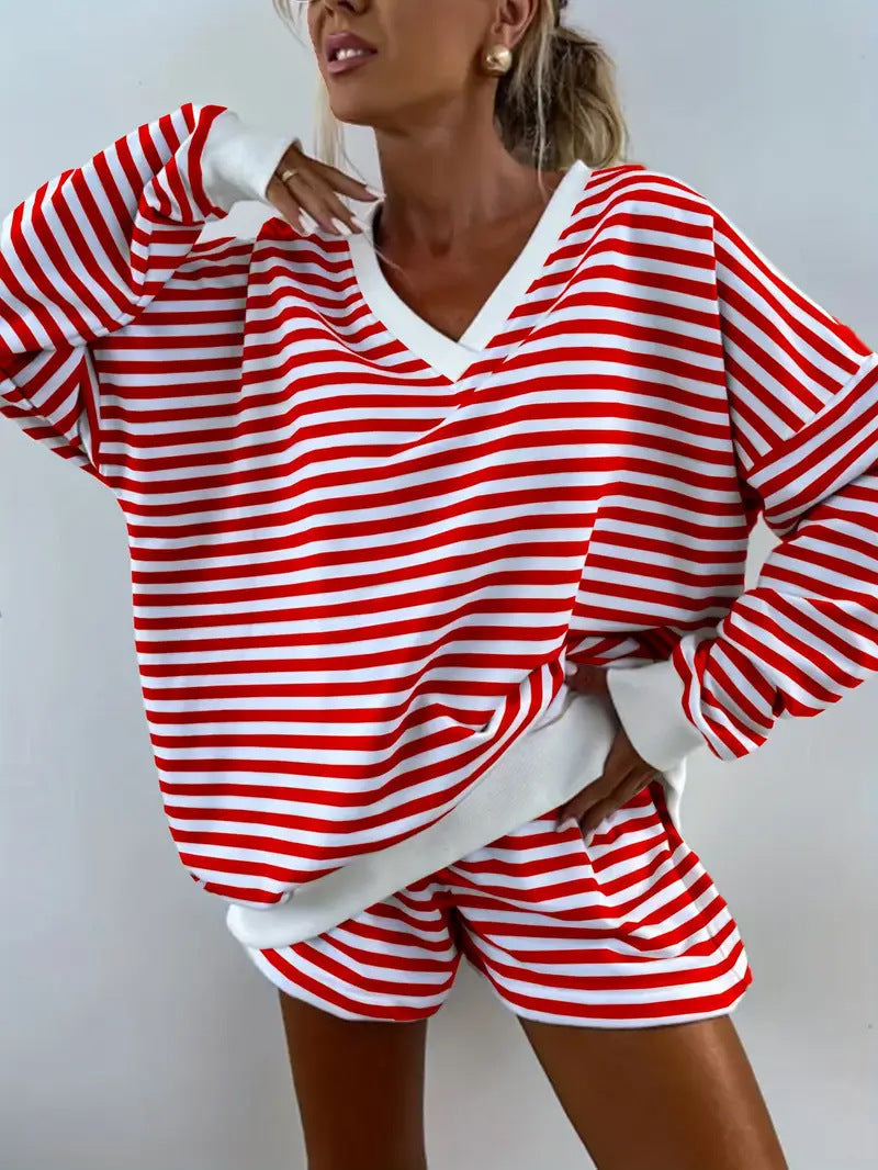 NOLANI – Relaxed Fit Striped V-Neck Lounge Set