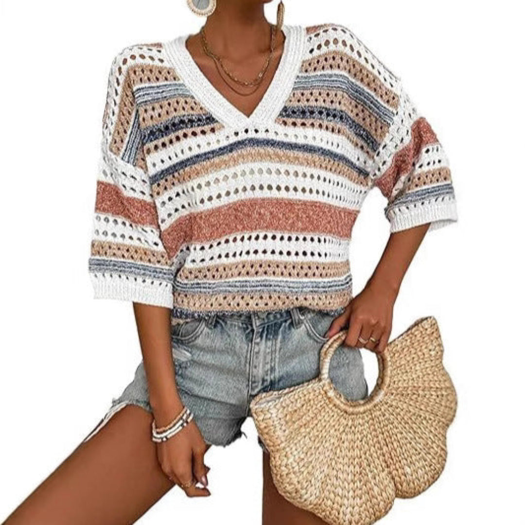 KELISE – Casual Striped Crochet V-Neck Summer Top