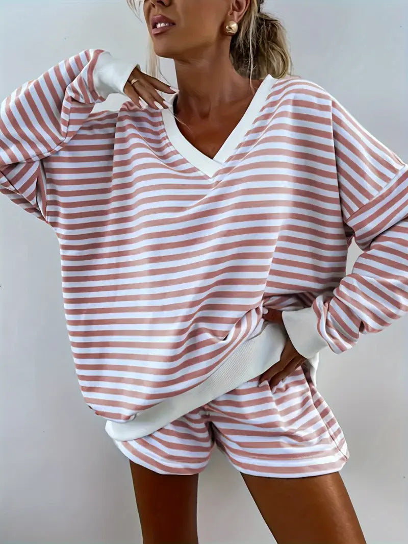 NOLANI – Relaxed Fit Striped V-Neck Lounge Set