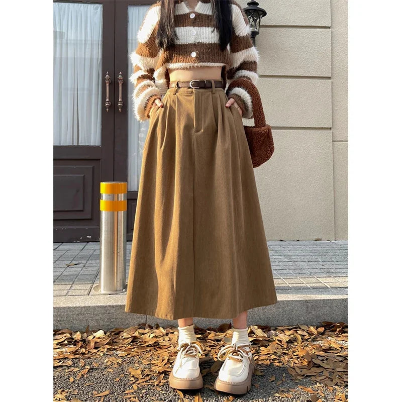 ESTELLE – Classic Belt Corduroy Midi Skirt