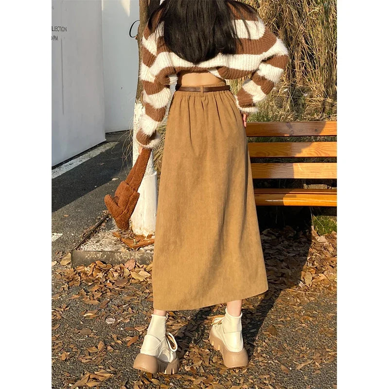 ESTELLE – Classic Belt Corduroy Midi Skirt