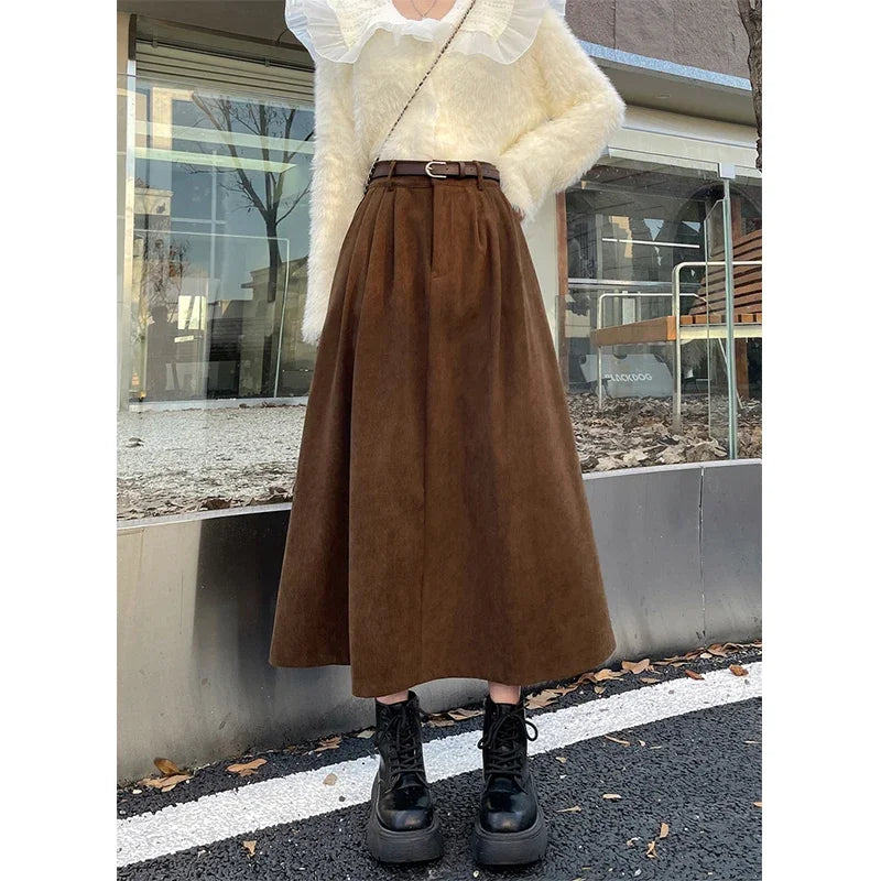 ESTELLE – Classic Belt Corduroy Midi Skirt