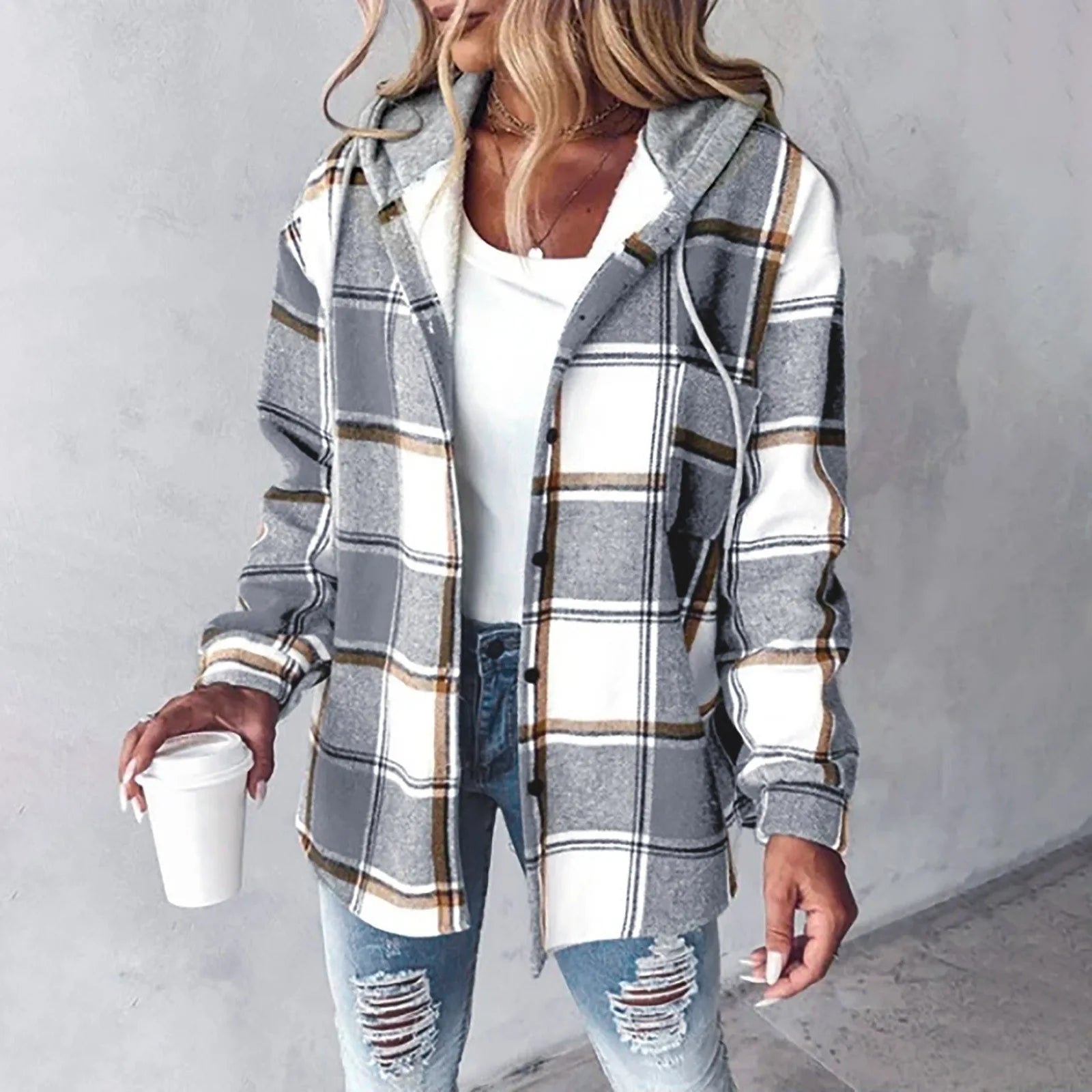 PAIGE - Chic Plaid Long-Sleeve Button Down Hooded Jacket